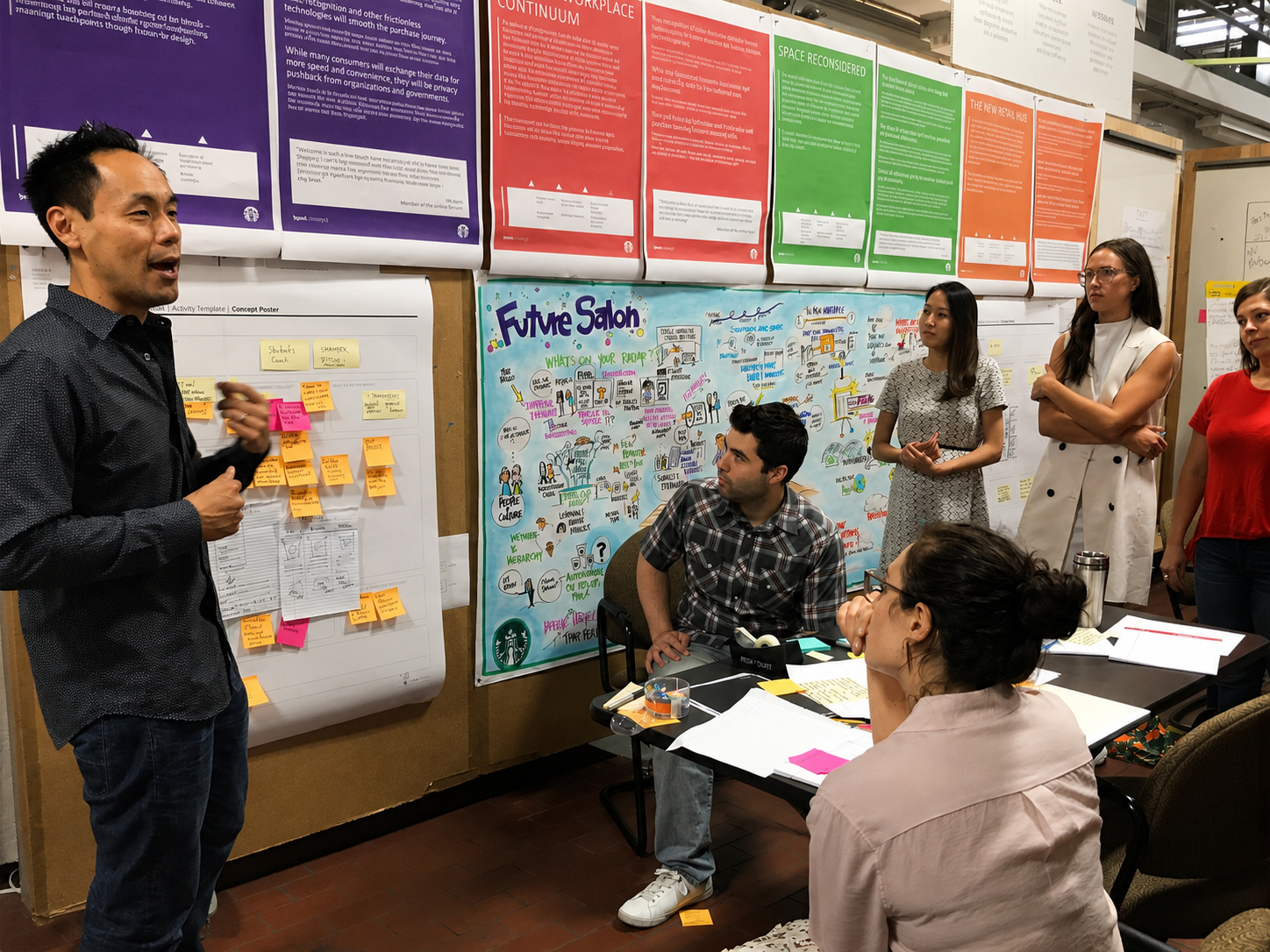 Andrew leading a Future Salon workshop at Starbucks, walking a team through concept posters and a large hand-drawn Future Salon board.