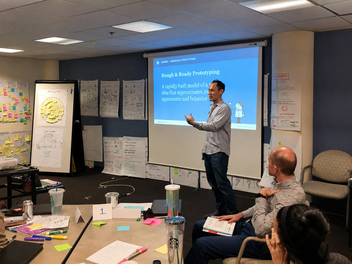 Andrew teaching a Rough & Ready Prototyping session, presenting a slide beside walls of sketches, storyboards, and workshop posters.